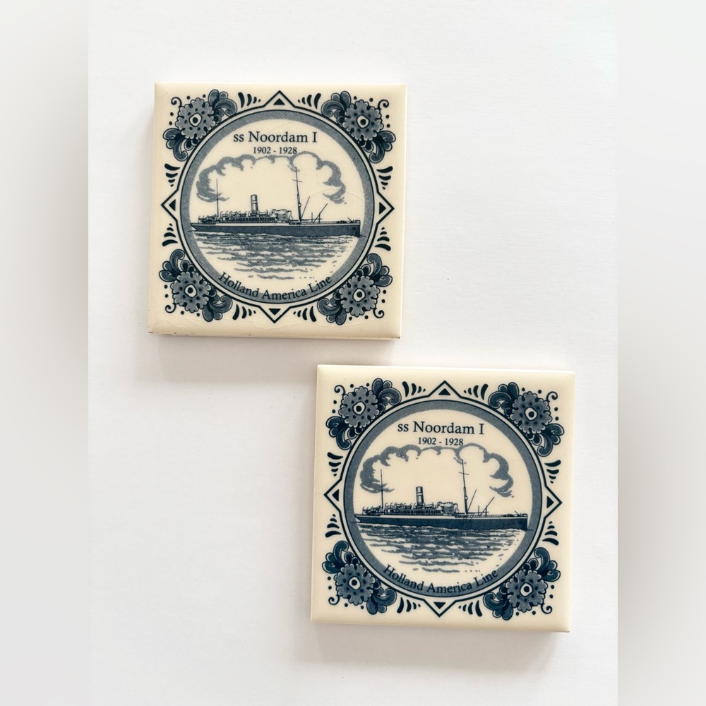 Vintage Delft Style Holland America LineSS Noordam Ocean Liner Ceramic Coasters